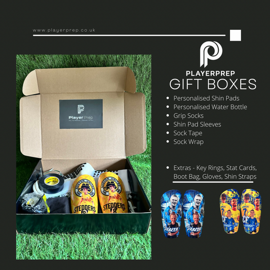 Personalised football gift box with shin pads and matchday accessories
