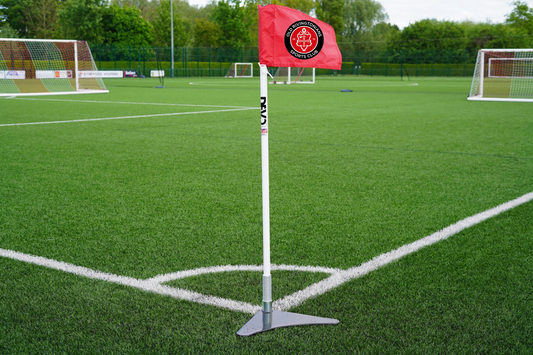 Football corner flag printed with a club logo