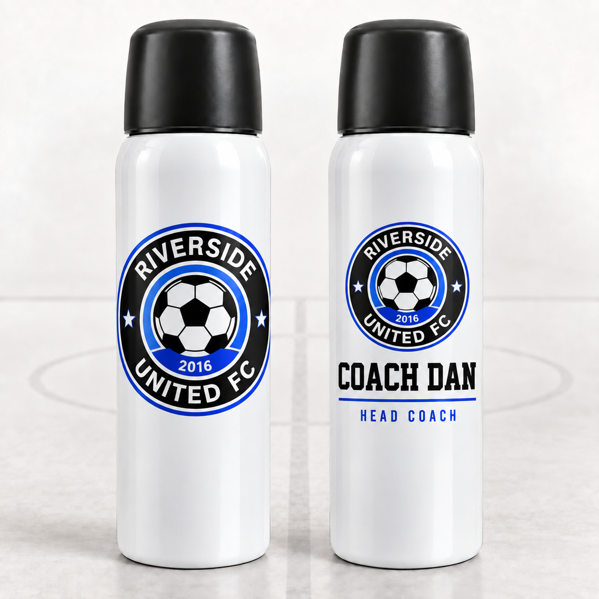 Personalised 500ml football coach thermal flask with club logo, coach name and role