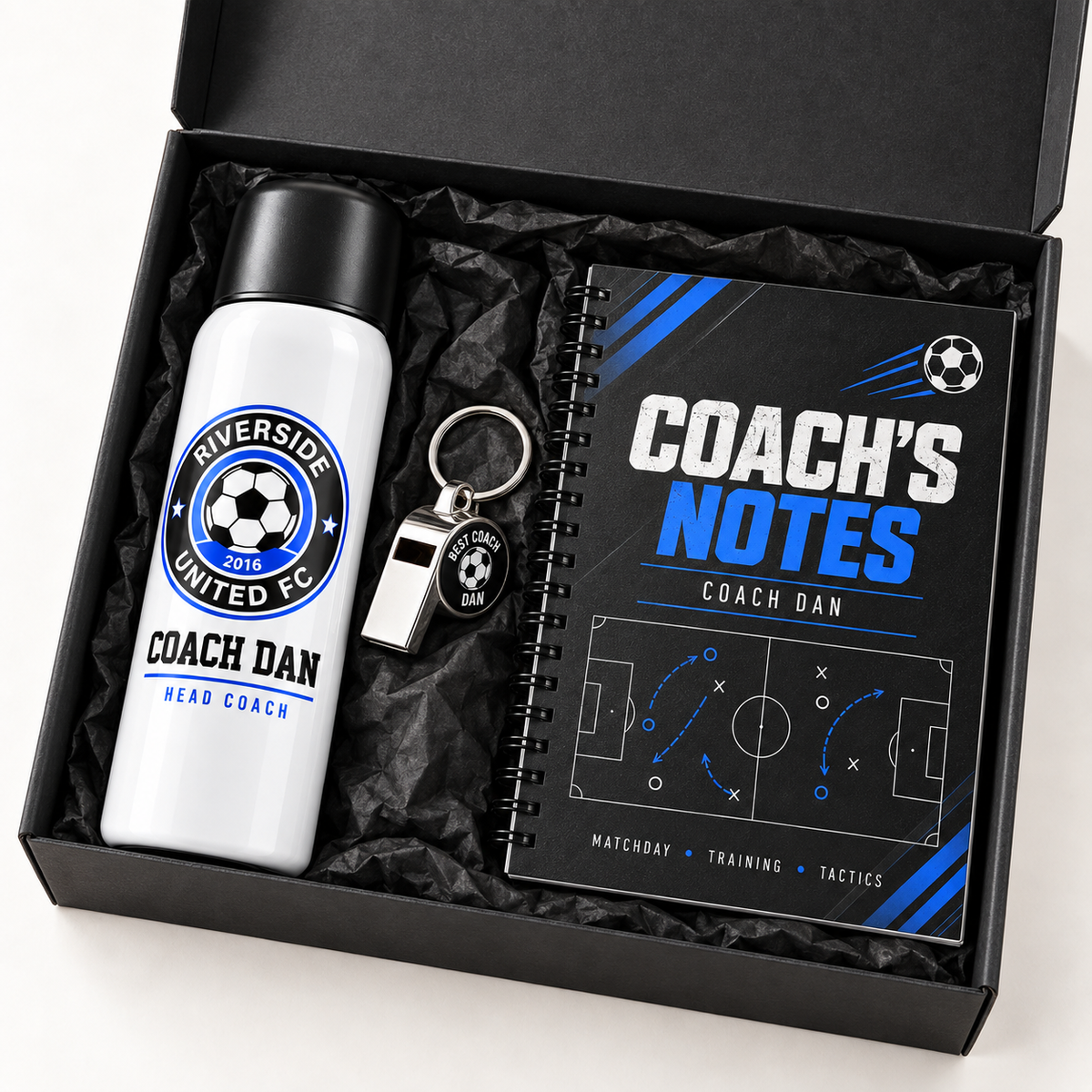 Personalised football coach gift set with thermal flask, whistle keyring and A5 notebook