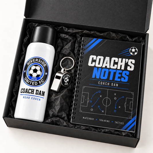Personalised football coach gift set with thermal flask, whistle keyring and A5 notebook