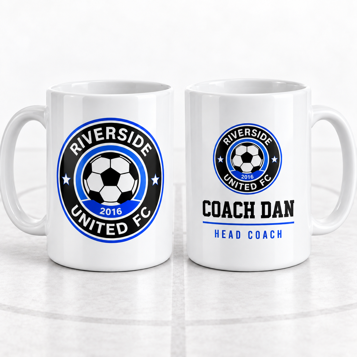 Personalised football coach mug with club logo, coach name and role