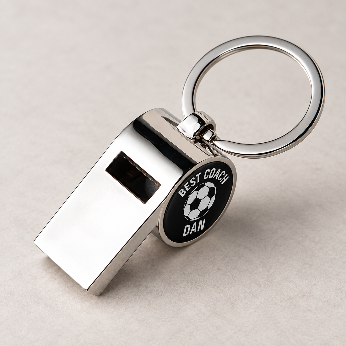 Personalised Best Coach football whistle keyring with custom name