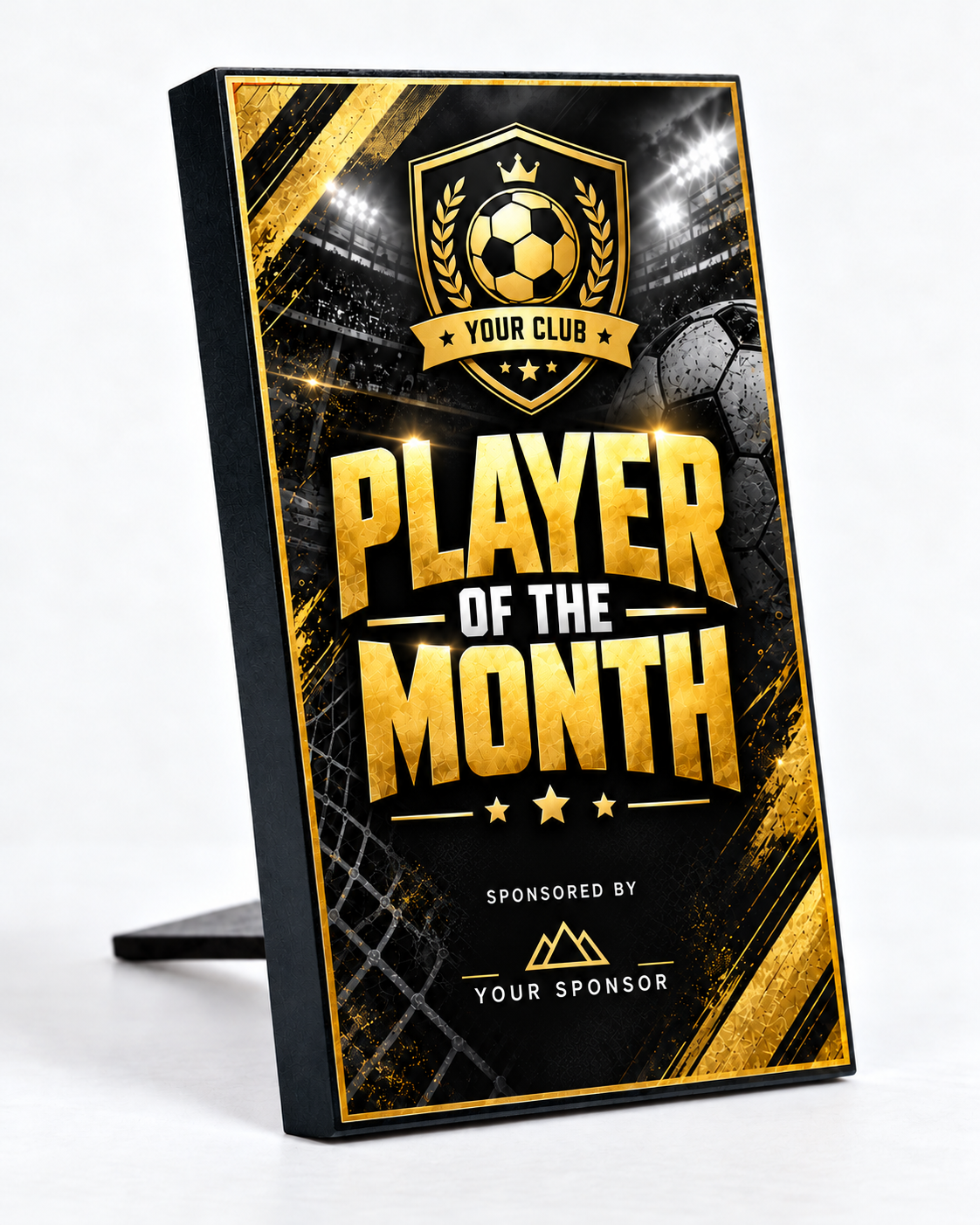 Player Prep 5×3 inch MDF football award mockup, Black & Gold