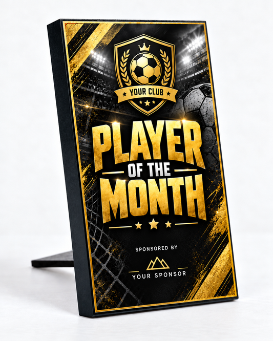 Player Prep 5×3 inch MDF football award mockup, Black & Gold