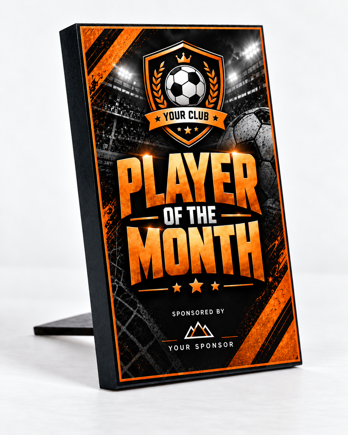 Player Prep 5×3 inch MDF football award mockup, Black & Orange