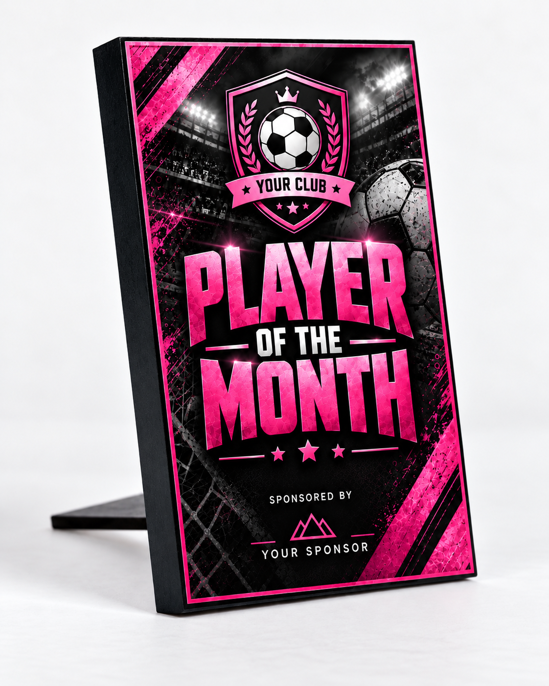 Player Prep 5×3 inch MDF football award mockup, Black & Pink