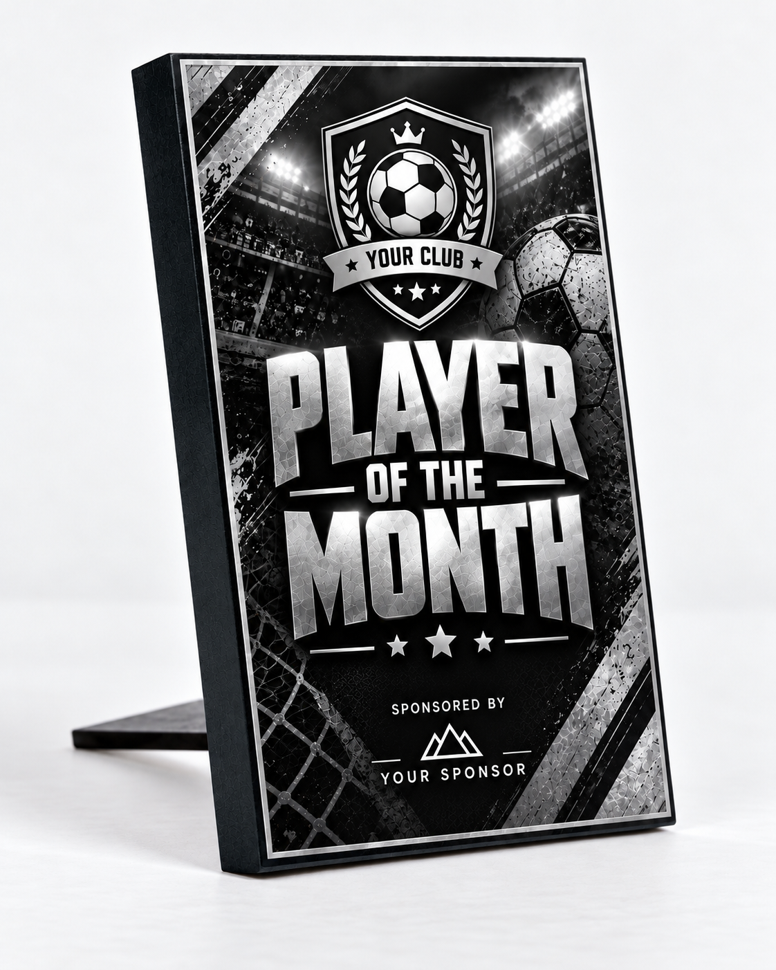 Player Prep 5×3 inch MDF football award mockup, Black & Silver