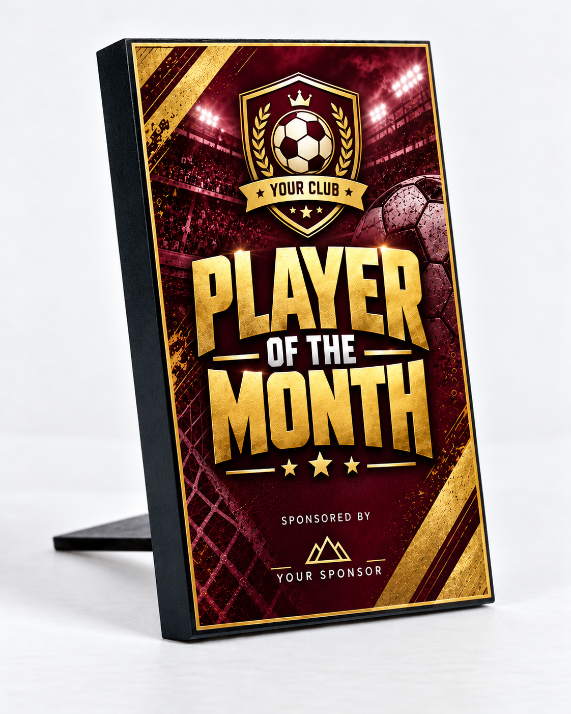 Player Prep 5×3 inch MDF football award mockup, Burgundy & Gold
