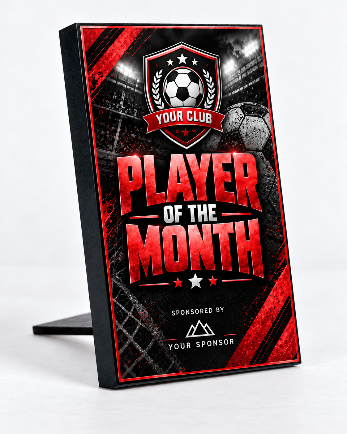 Player Prep 5×3 inch MDF football award mockup, Red & Black
