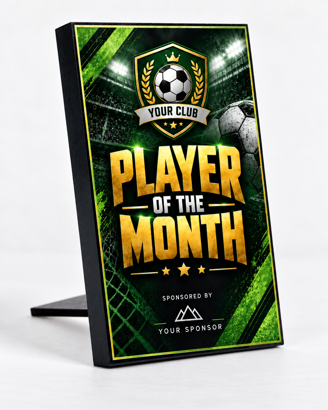 Player Prep 5×3 inch MDF football award mockup, Stadium Green