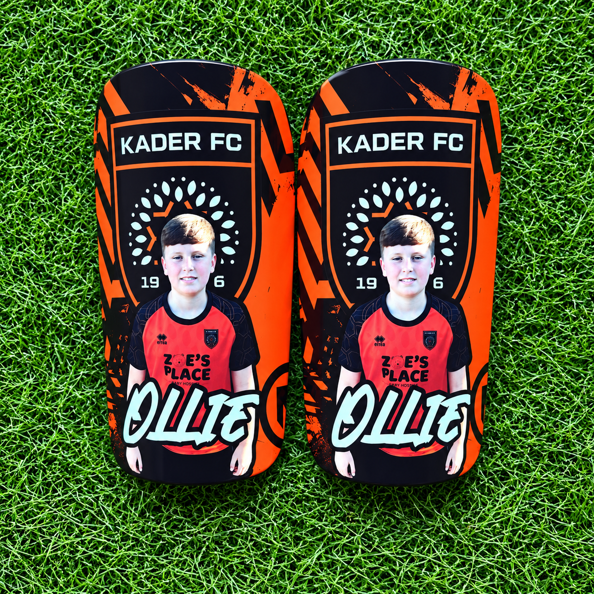 Style 11 – orange club crest and player personalised shin pads