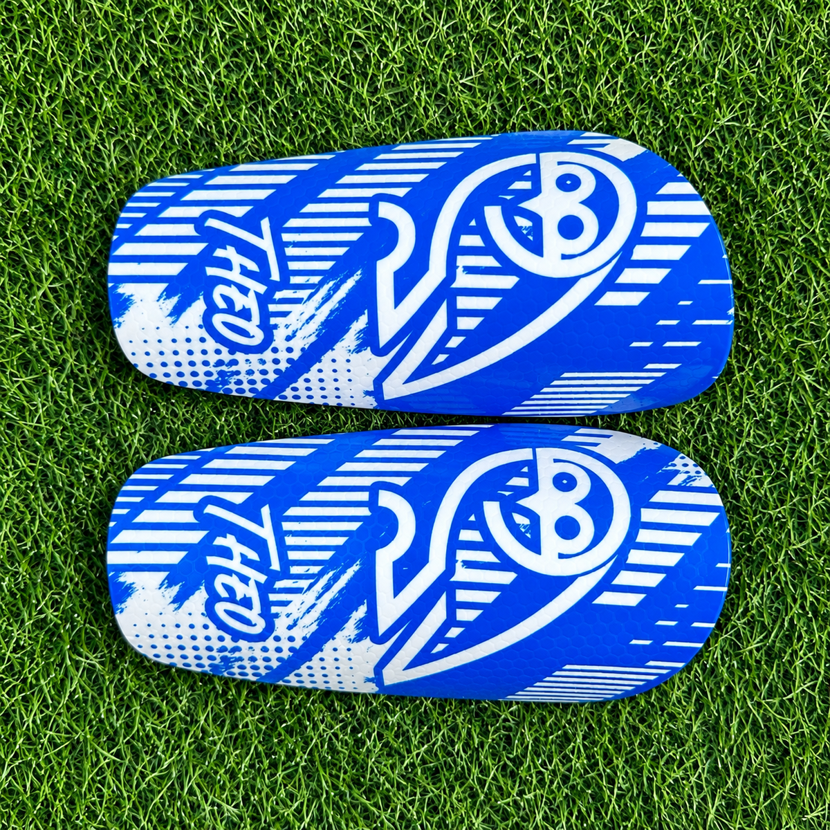 Style 13 – blue and white graphic personalised shin pads