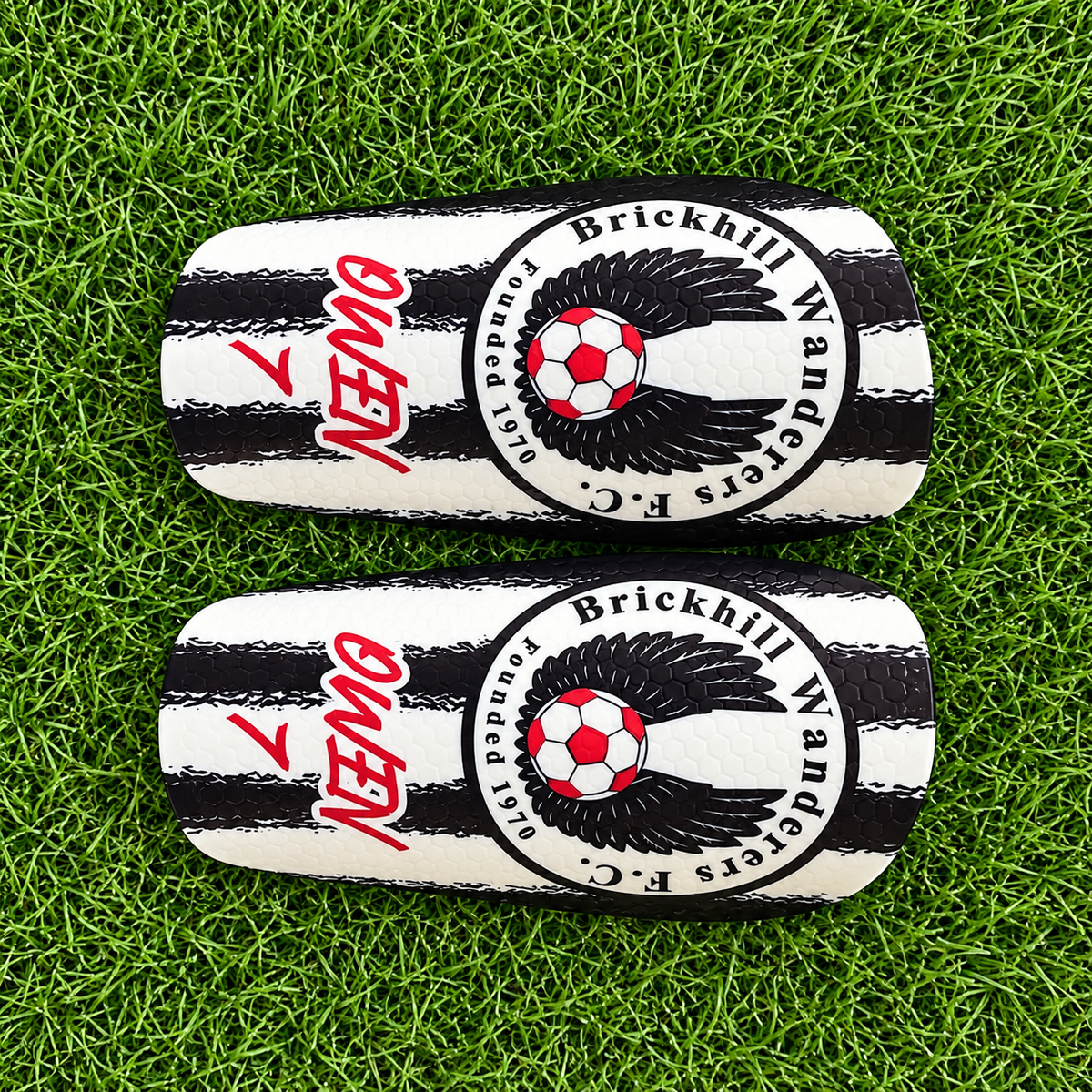 Style 14 – black and white club crest personalised shin pads