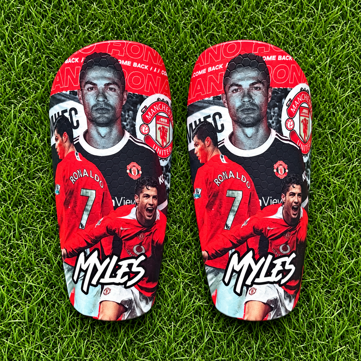 Style 15 – red player montage personalised shin pads