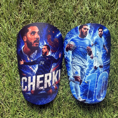 Style 5 – blue action football personalised shin pads