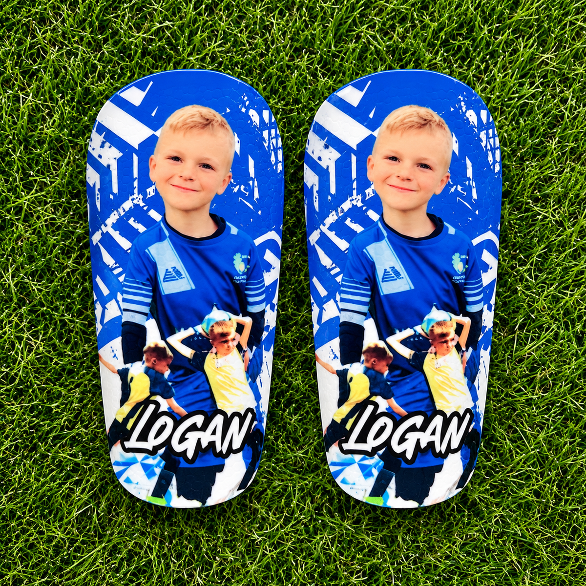 Style 8 – blue player collage personalised shin pads