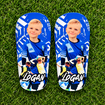 Style 8 – blue player collage personalised shin pads